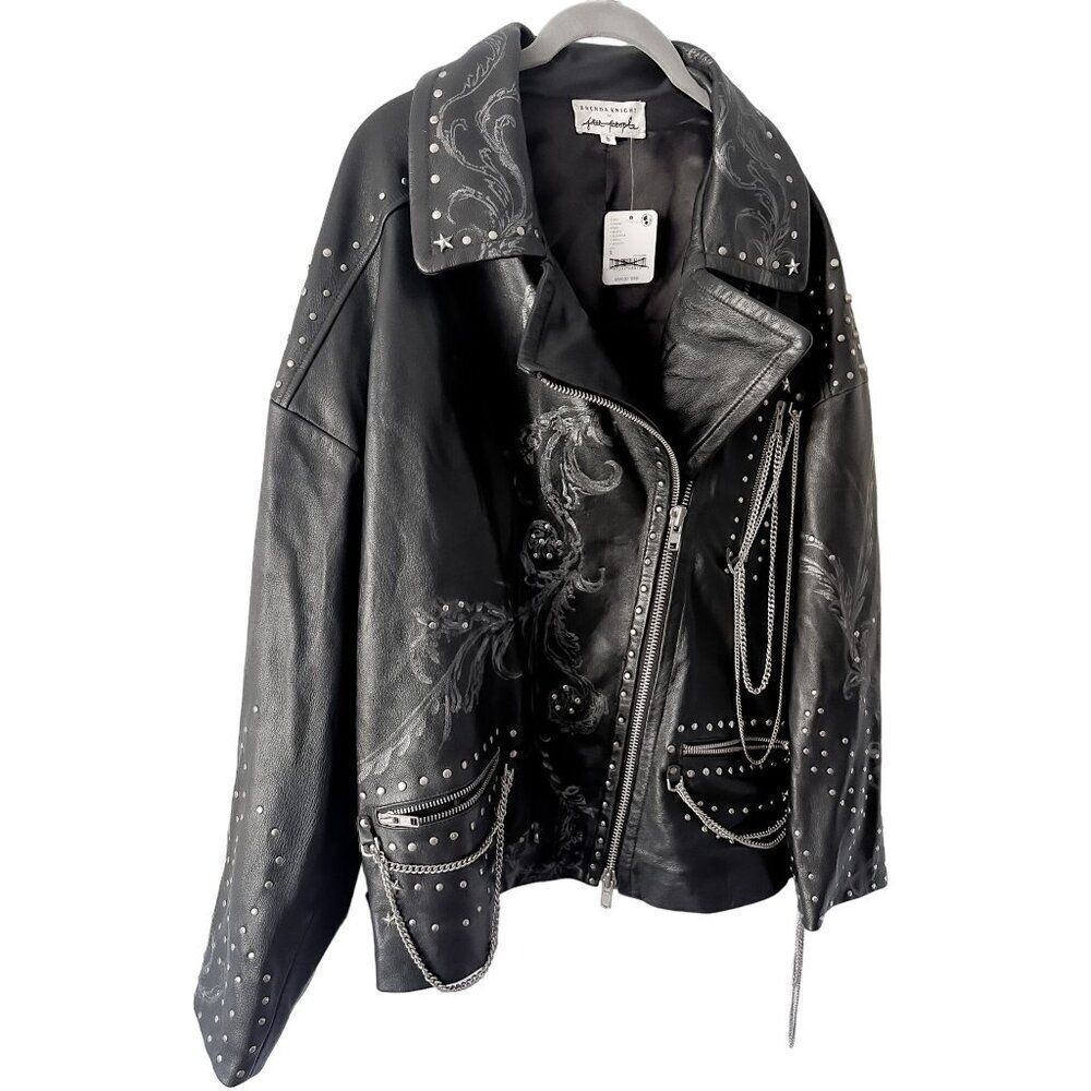Free People Nigel Preston Chain Embellished Biker Jacket Leather - Picture 6 of 14
